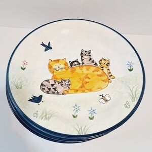 Set‎ of 4 Folk Art Kitty Cat Garden Hand Painted Dinner Plates